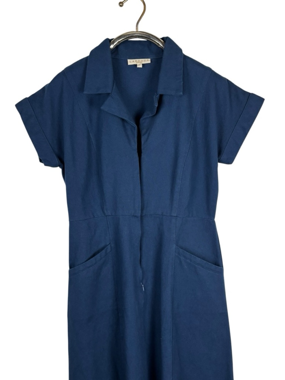 LAROQUE ALY BLUE COTTON TWILL COLLARED BELTED SHORT SLEEVE MIDI DRESS - Picture 10 of 16